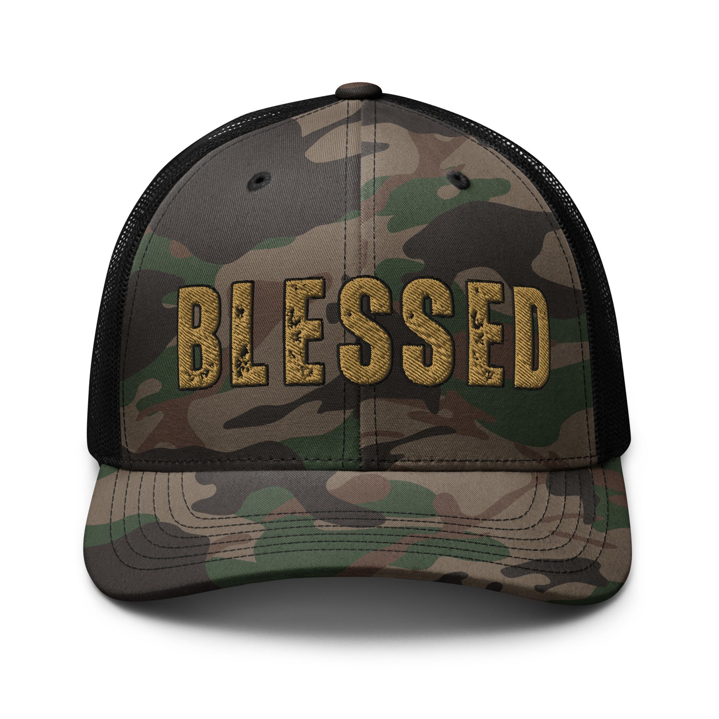 green camo blessed trucker hat christian apparel adjustable mesh back design