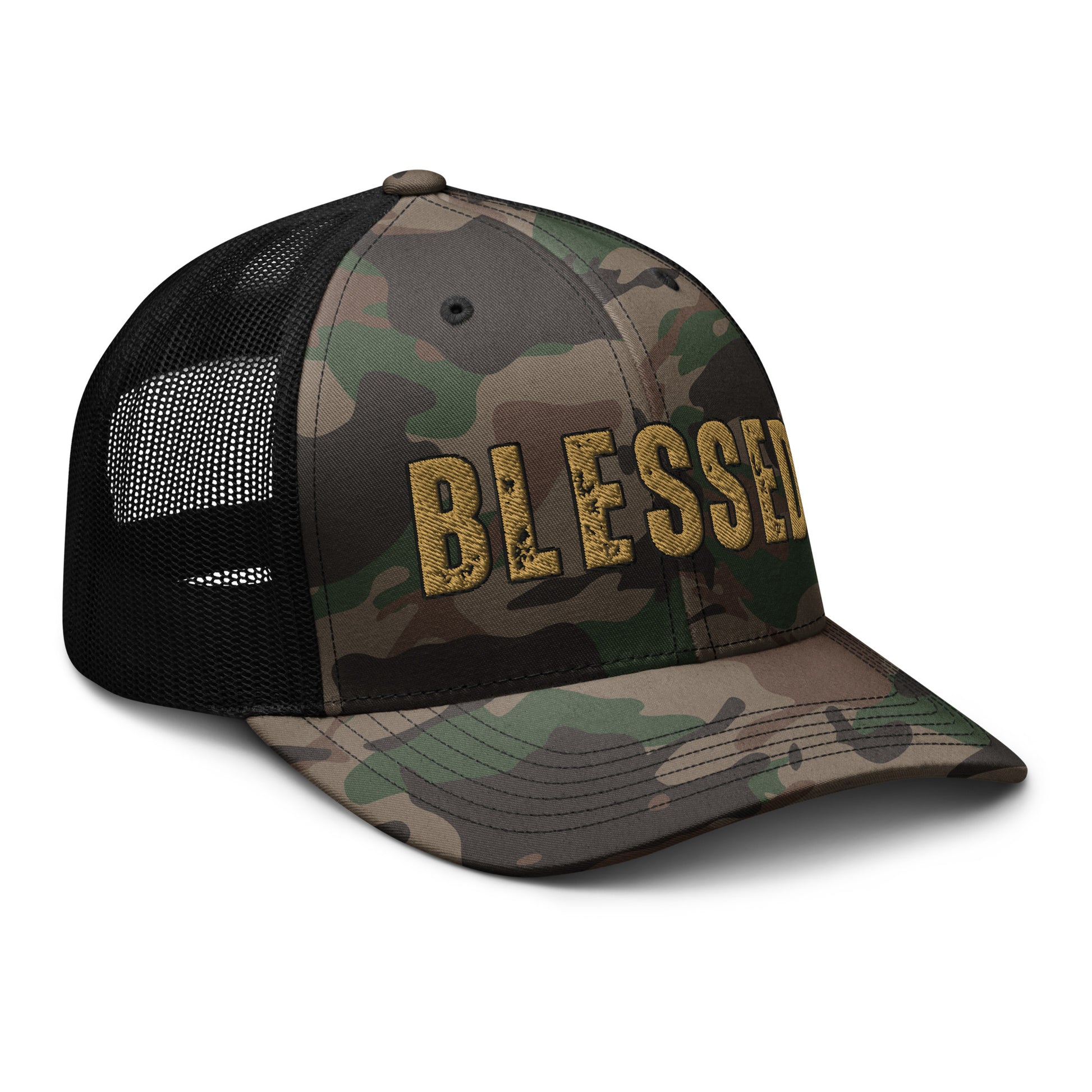 green camo blessed trucker hat christian apparel adjustable mesh back design