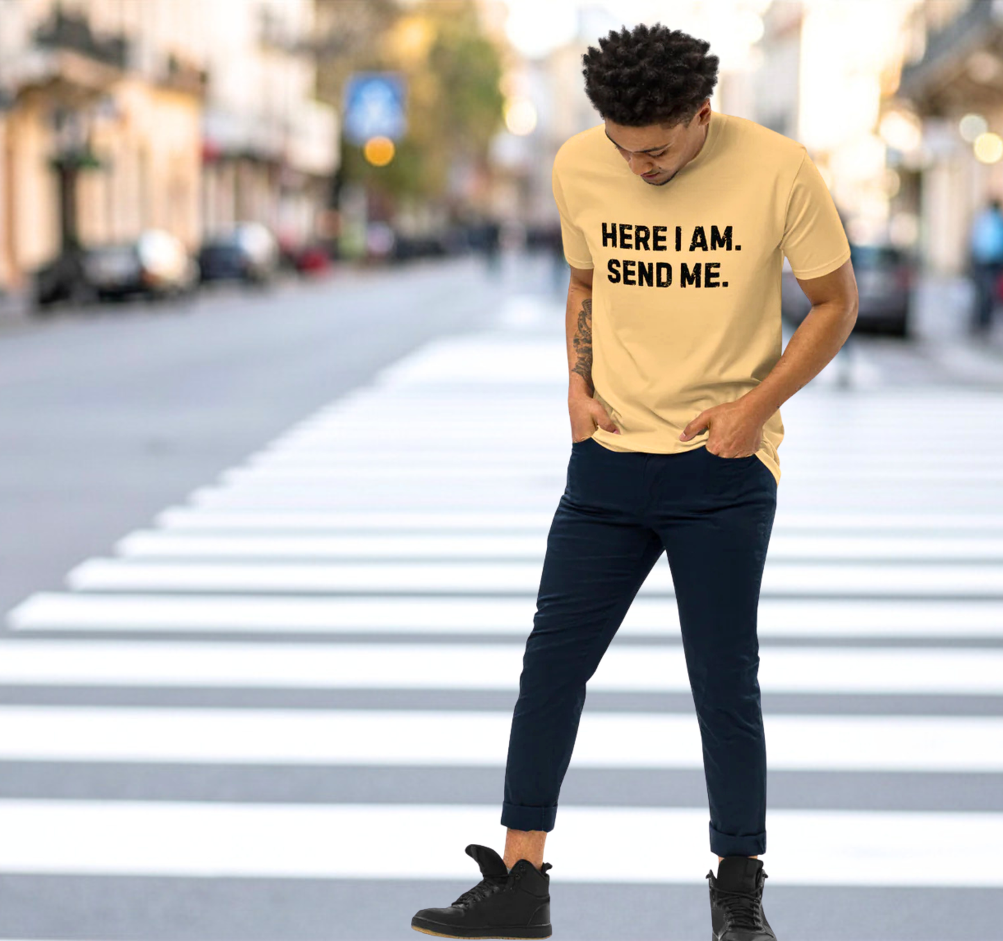 Here I Am Send Me Men’s Premium Box Tee