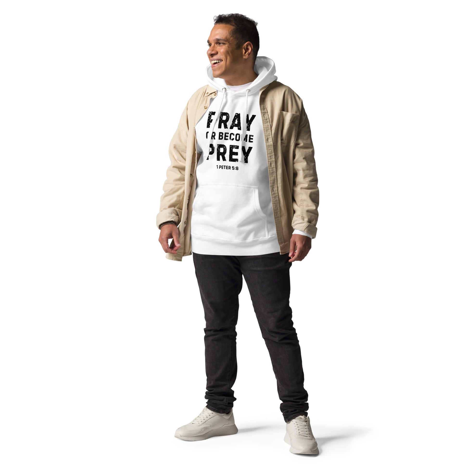 Pray or Become Prey Christian hoodie by Soul Good Merch, Scripture-inspired 1 Peter 5:8 hoodie, mid-weight streetwear fit, faith-forward apparel encouraging prayer and spiritual alertness.