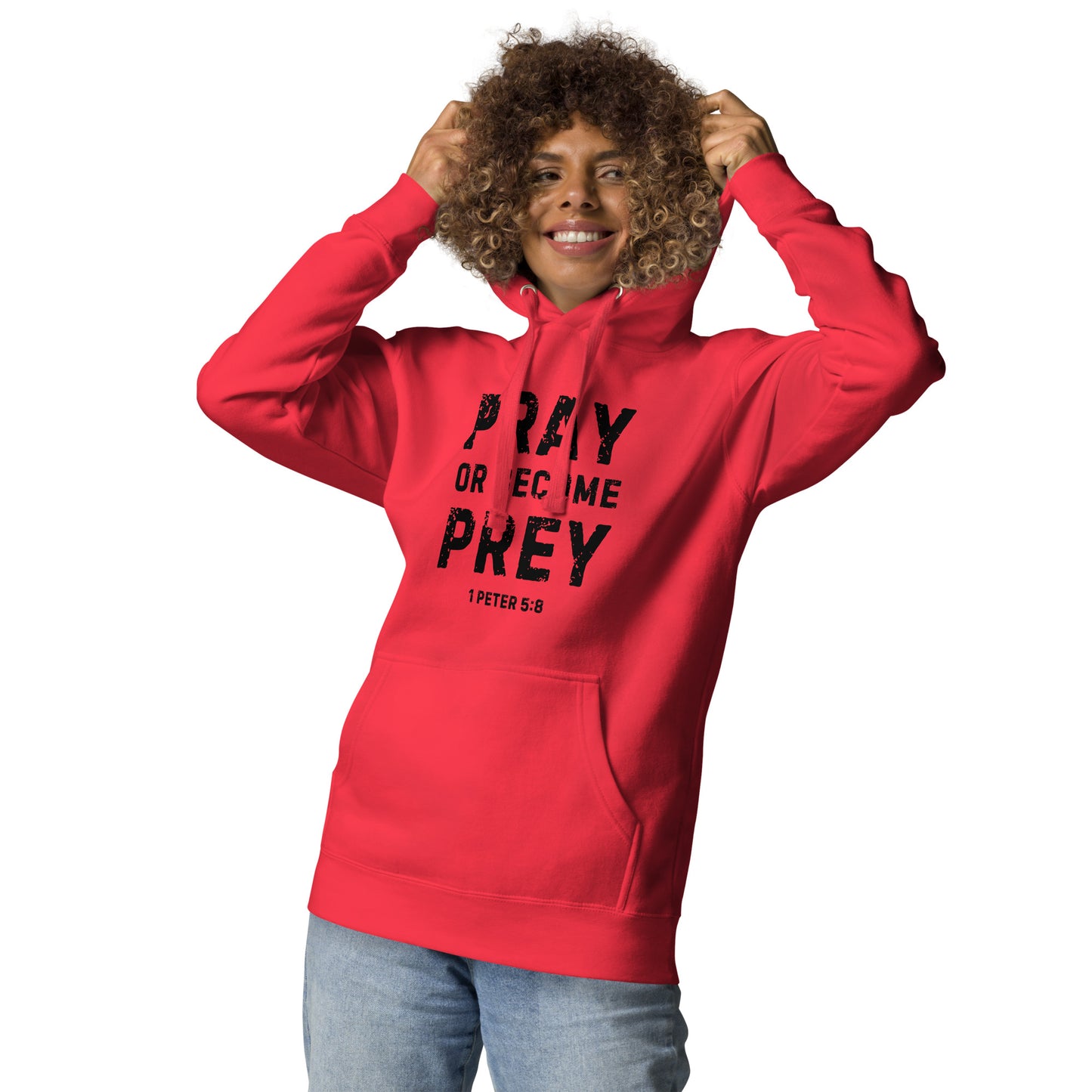 Pray or Become Prey Christian hoodie by Soul Good Merch, Scripture-inspired 1 Peter 5:8 hoodie, mid-weight streetwear fit, faith-forward apparel encouraging prayer and spiritual alertness