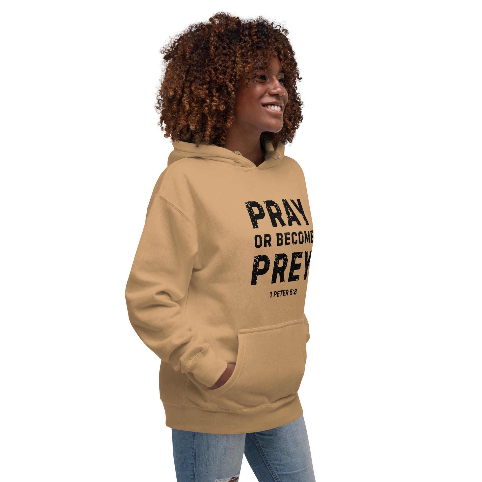 Pray or Become Prey Christian hoodie by Soul Good Merch, Scripture-inspired 1 Peter 5:8 hoodie, mid-weight streetwear fit, faith-forward apparel encouraging prayer and spiritual alertness