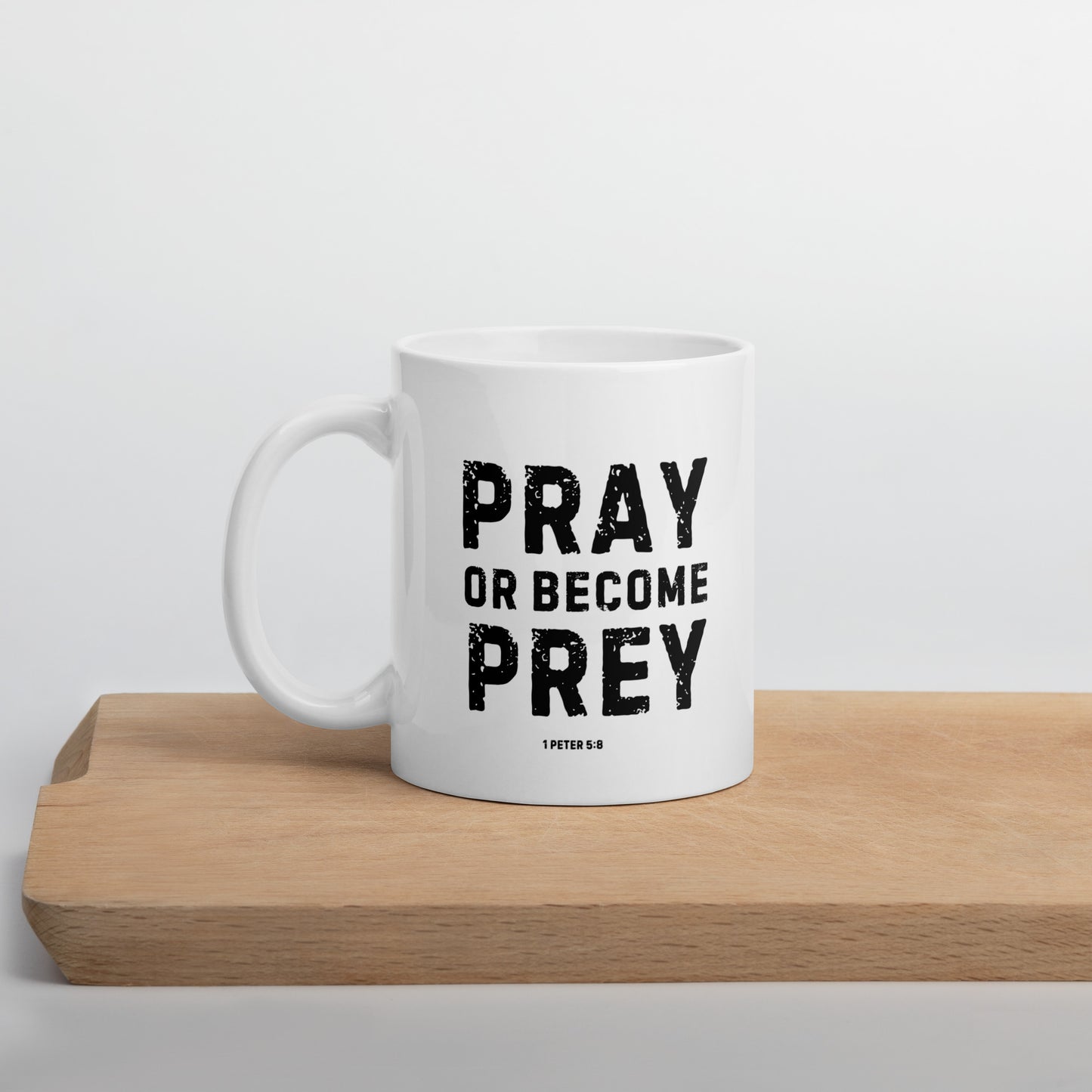 pray or become prey mug christian ceramic scripture 1 peter 5 8 faith based gift spiritual alertness soul good merch